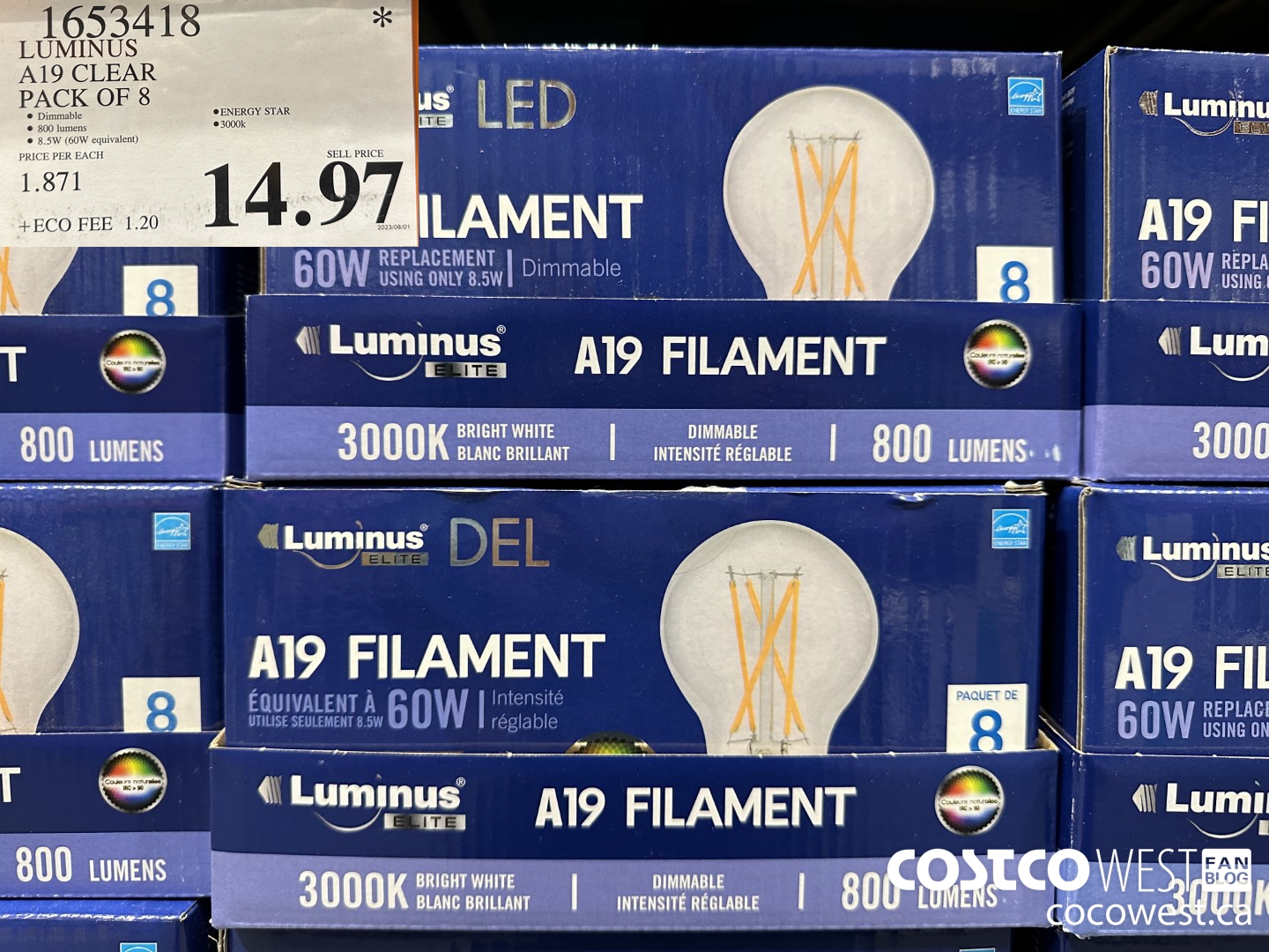 1653418 LUMINUS A19 CLEAR PACK OF 8 $14.97