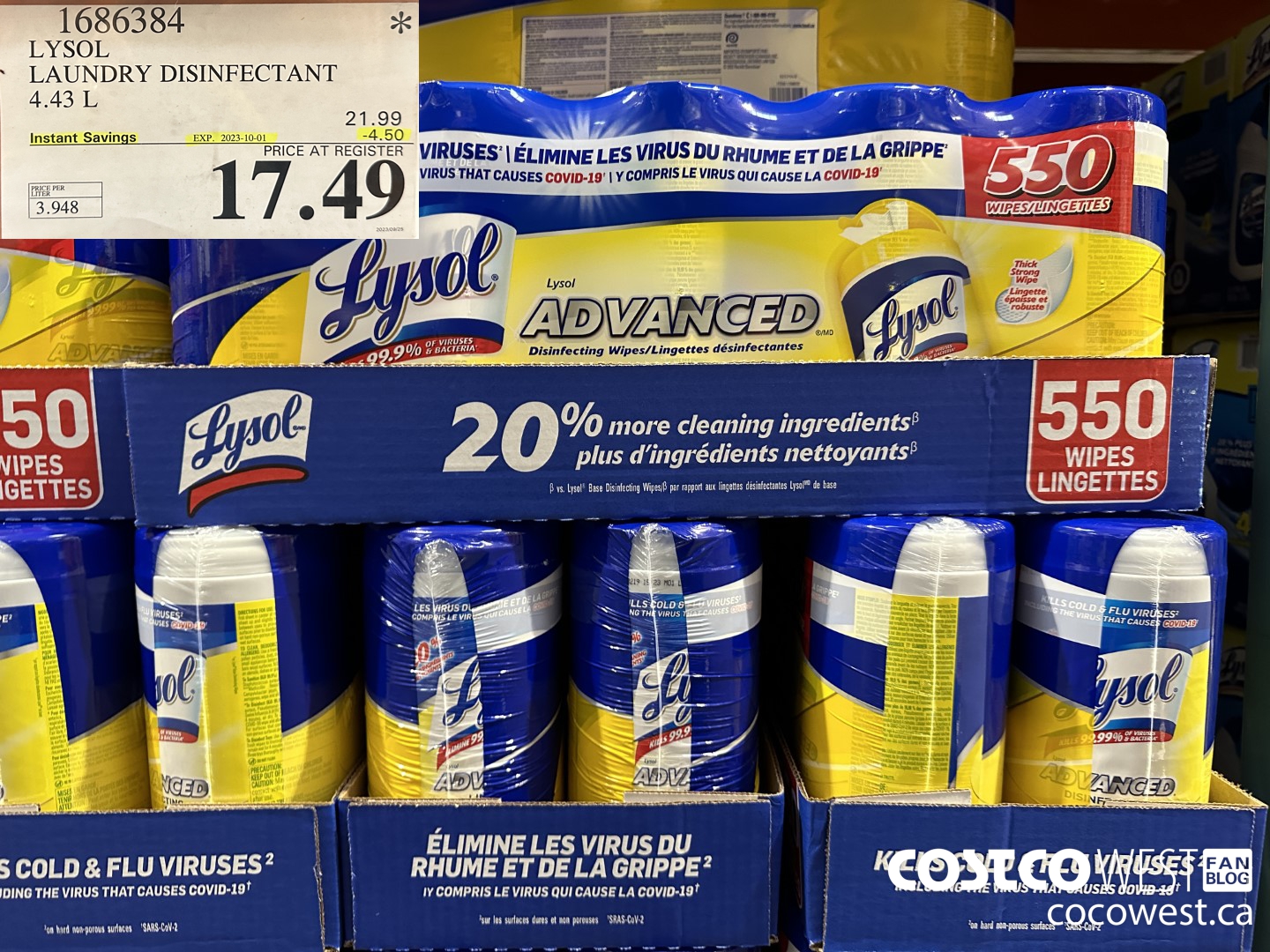 1686384 LYSOL LAUNDRY DISINFECTANT 4.43 L ($4.50 INSTANT SAVINGS EXPIRES ON 2023-10-01) $17.49