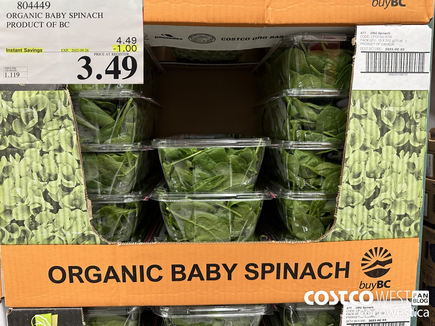 804449 ORGANIC BABY SPINACH PRODUCT OF BC ($1.00 INSTANT SAVINGS EXPIRES ON 2023-09-26) $3.49