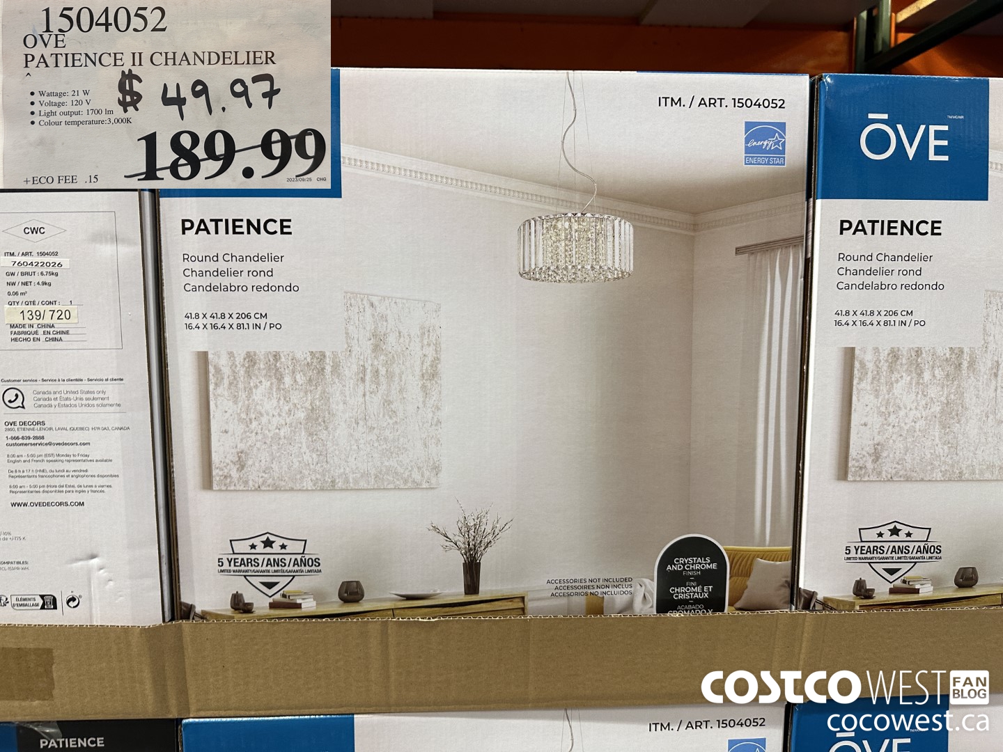 1504052 OVE PATIENCE II CHANDELIER $49.97