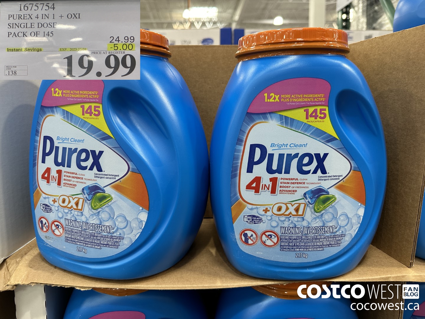 1675754 PUREX 4 IN 1 + OXI SINGLE DOSE PACK OF 145 ($5.00 INSTANT SAVINGS EXPIRES ON 2023-10-01) $19.99