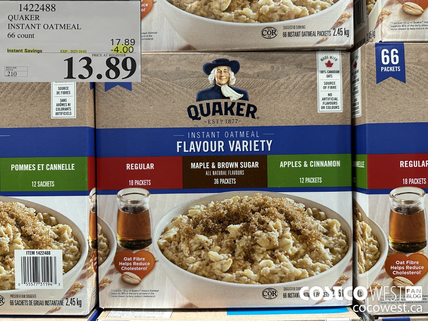 1422488 QUAKER INSTANT OATMEAL 66 COUNT ($4.00 INSTANT SAVINGS EXPIRES ON 2023-10-01) $13.89