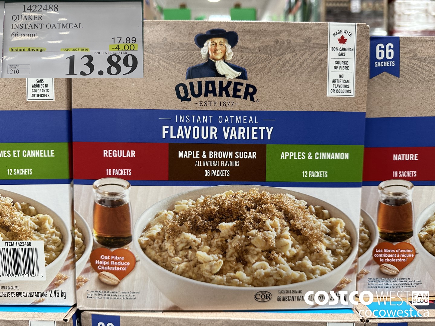 1422488 QUAKER INSTANT OATMEAL 66 COUNT ($4.00 INSTANT SAVINGS EXPIRES ON 2023-10-01) $13.89