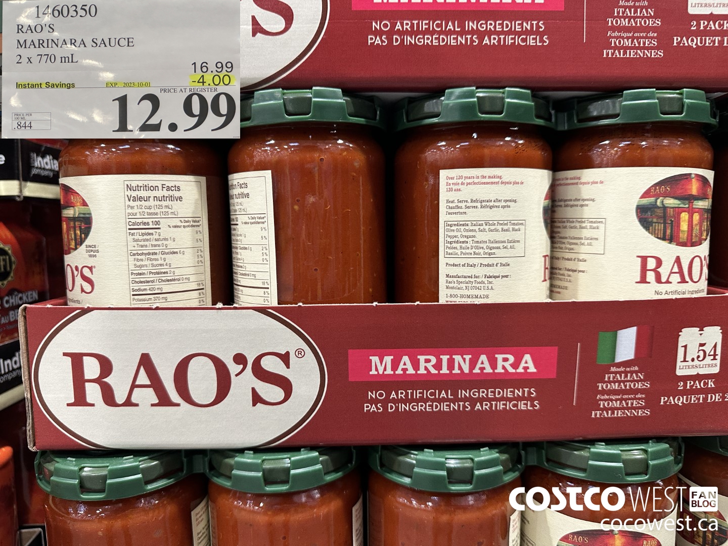 1460350 RAO'S MARINARA SAUCE 2 x 770mL ($4.00 INSTANT SAVINGS EXPIRES ON 2023-10-01) $12.99