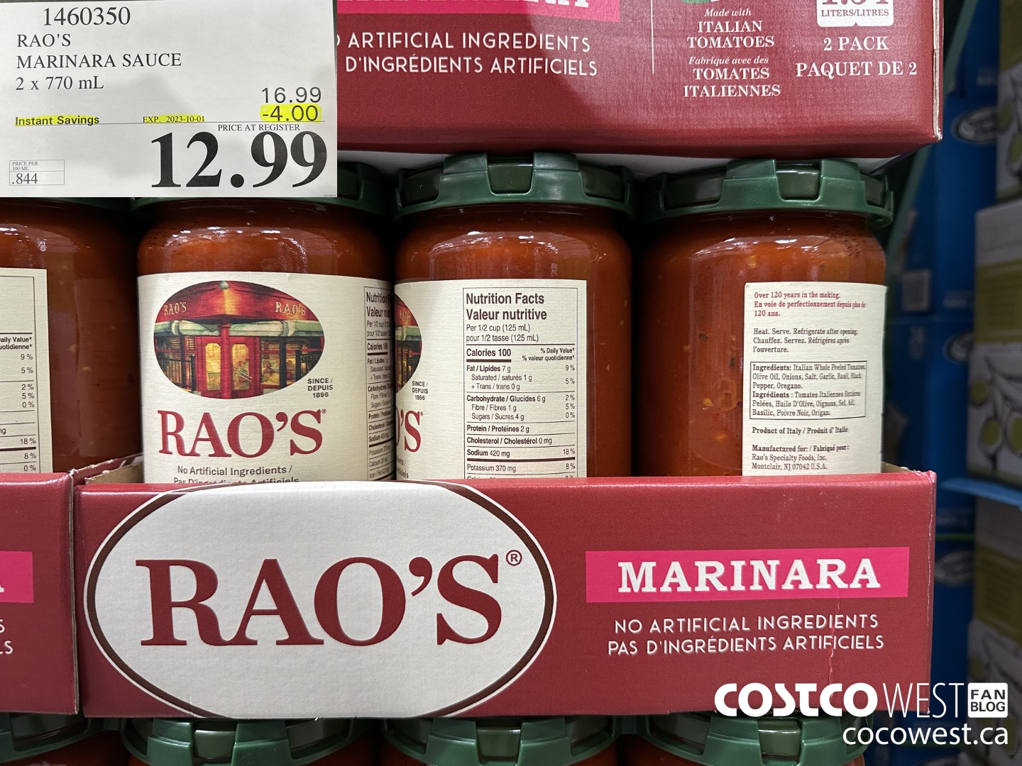 1460350 RAO'S MARINARA SAUCE 2 x 770mL ($4.00 INSTANT SAVINGS EXPIRES ON 2023-10-01) $12.99