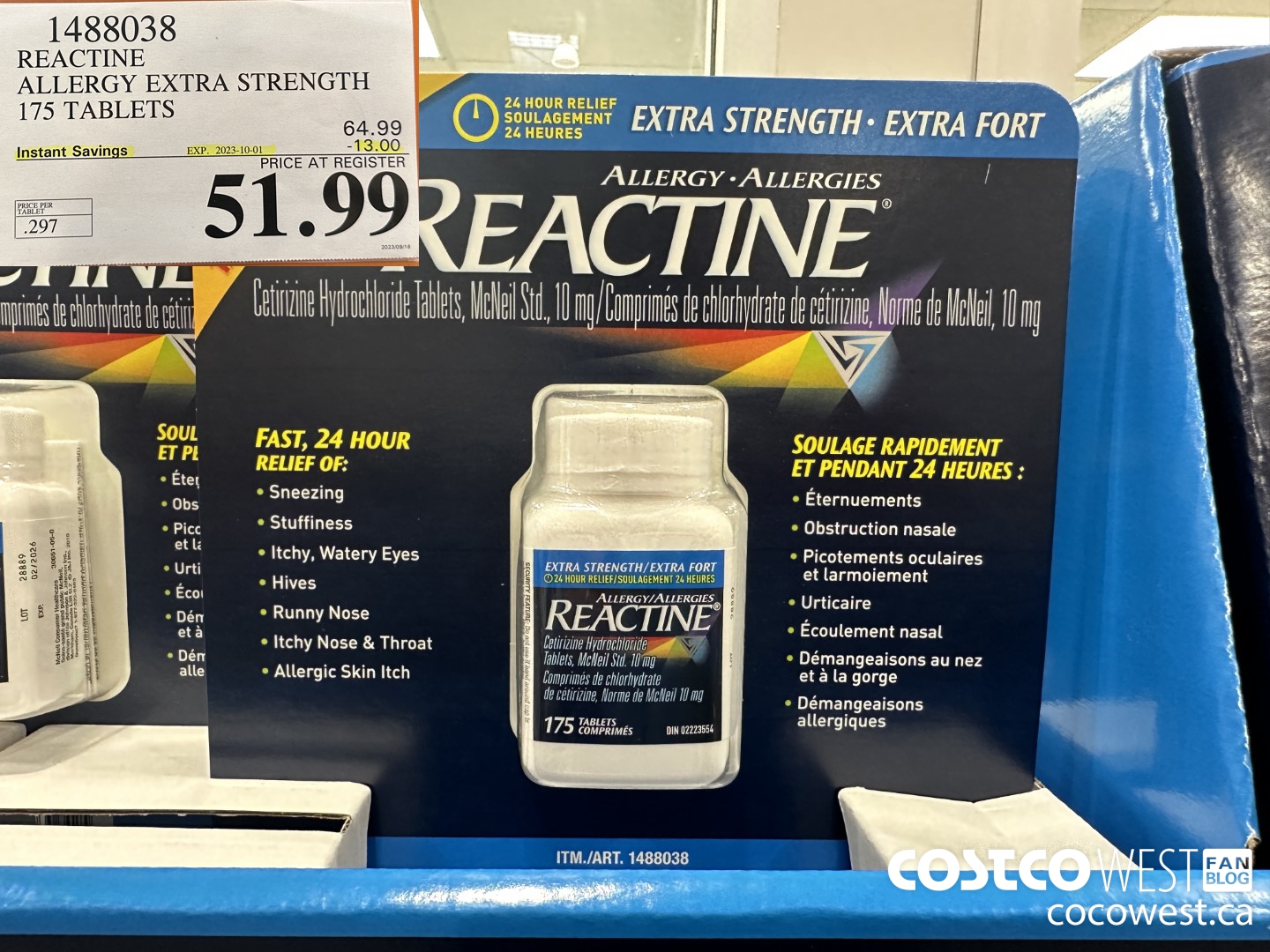1488038 REACTINE ALLERGY EXTRA STRENGTH 175 TABLETS ($13.00 INSTANT SAVINGS EXPIRES ON 2023-10-01) $51.99