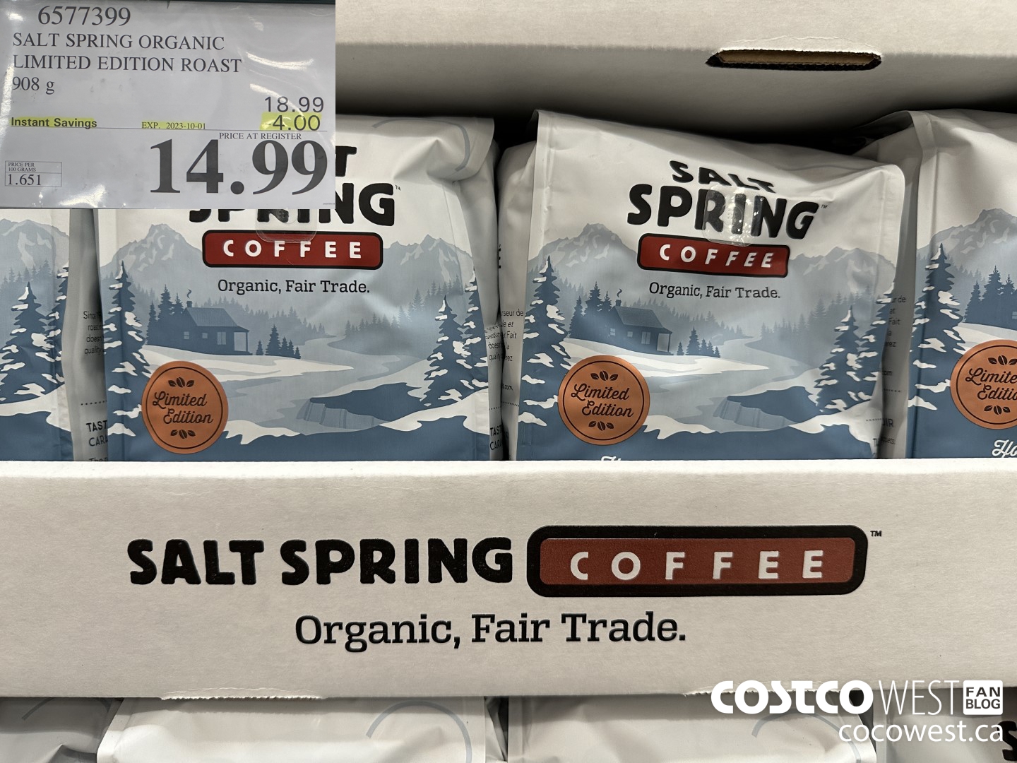 6577399 SALT SPRING ORGANIC LIMITED EDITION ROAST 908G ($4.00 INSTANT SAVINGS EXPIRES ON 2023-10-01) $14.99