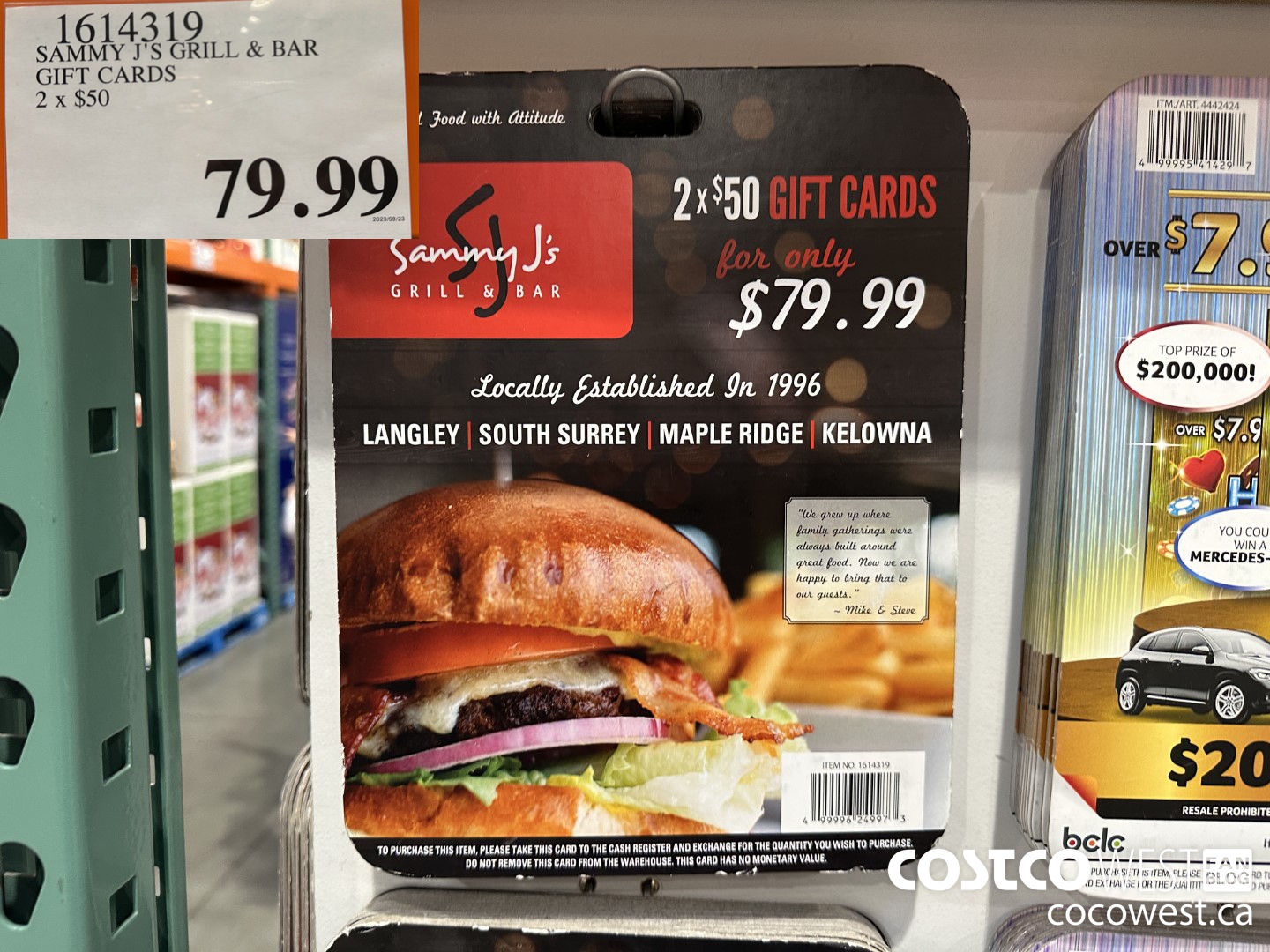 1614319 SAMMY J'S GRILL & BAR GIFT CARDS 2 x $50  $79.99