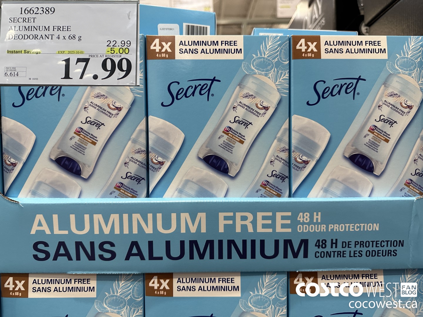 1662389 SECRET ALUMINUM FREE DEODORANT 4 X 68 G ($5.00 INSTANT SAVINGS EXPIRES ON 2023-10-01) $17.99