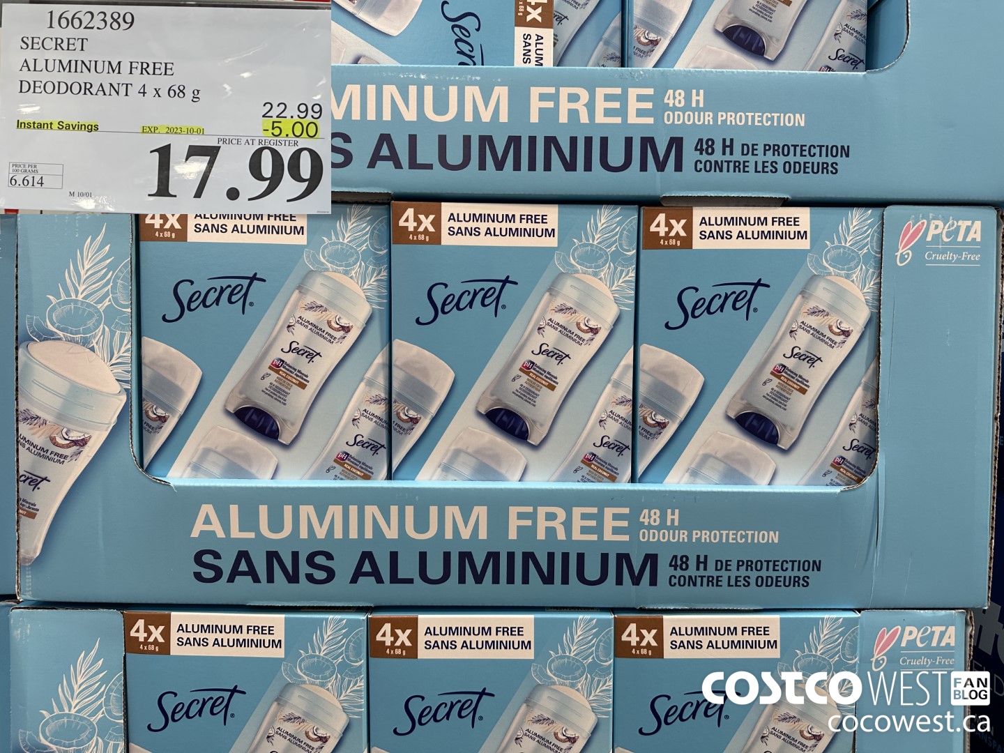 1662389 SECRET ALUMINUM FREE DEODORANT 4 X 68 G ($5.00 INSTANT SAVINGS EXPIRES ON 2023-10-01) $17.99