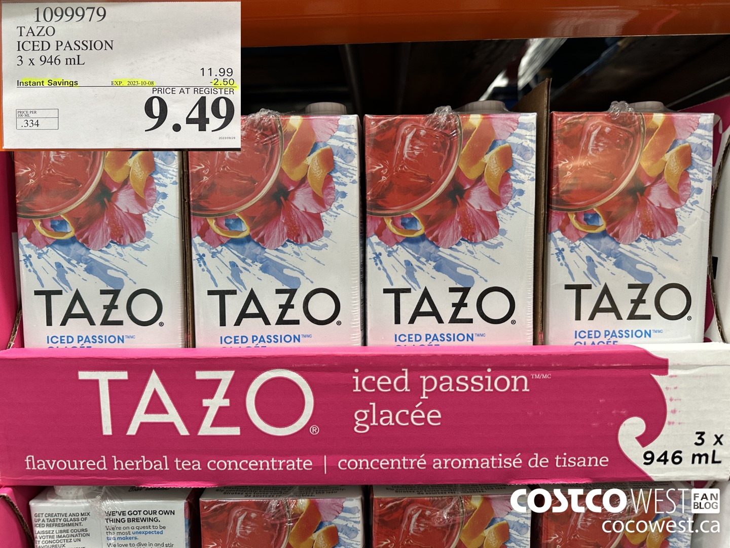1099979 TAZO ICED PASSION 3 x 946 mL ($2.50 INSTANT SAVINGS EXPIRES ON 2023-10-08) $9.49