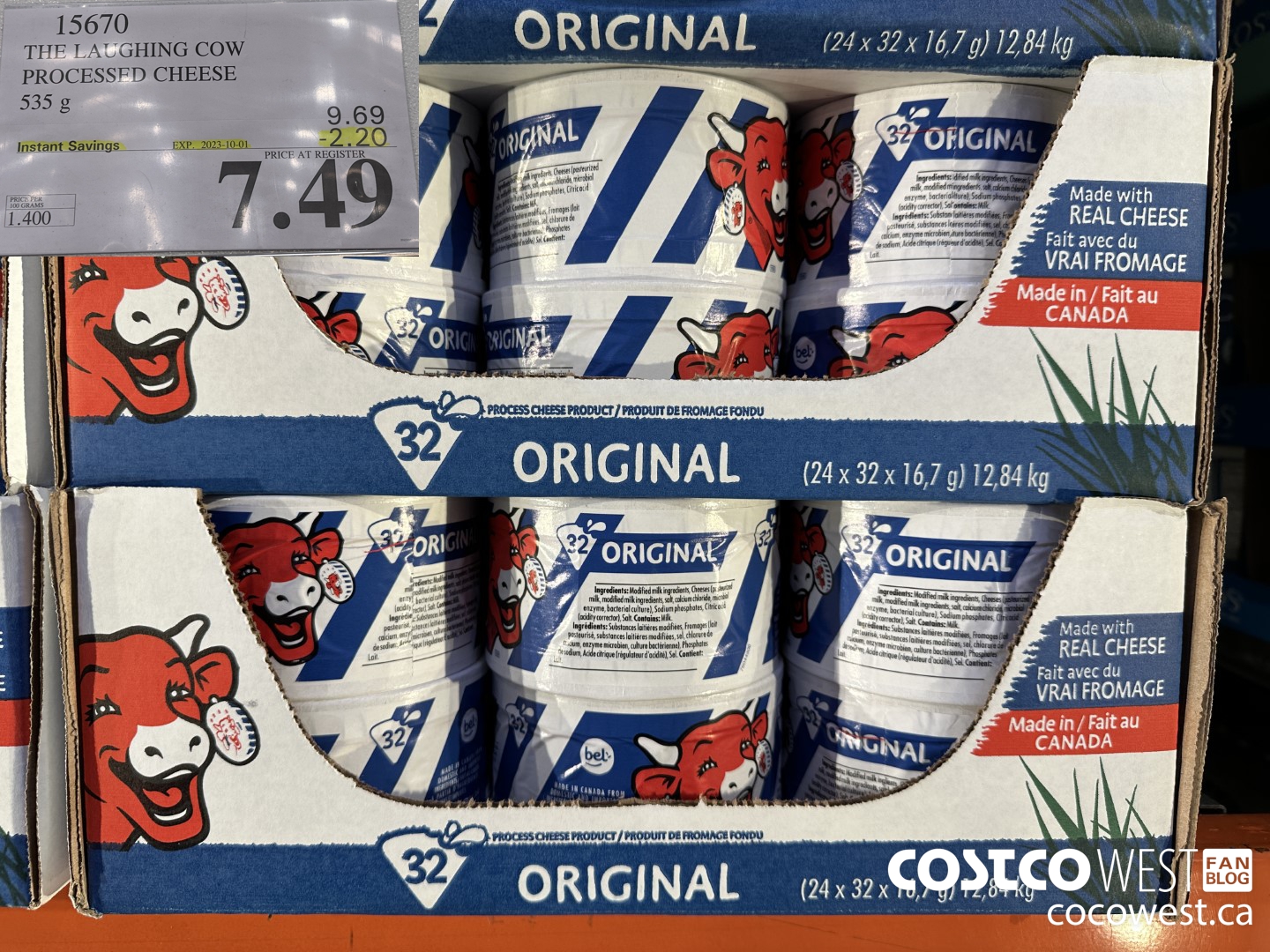 15670 THE LAUGHING COW PROCESSED CHEESE 535 g ($2.20 INSTANT SAVINGS EXPIRES ON 2023-10-01) $7.49