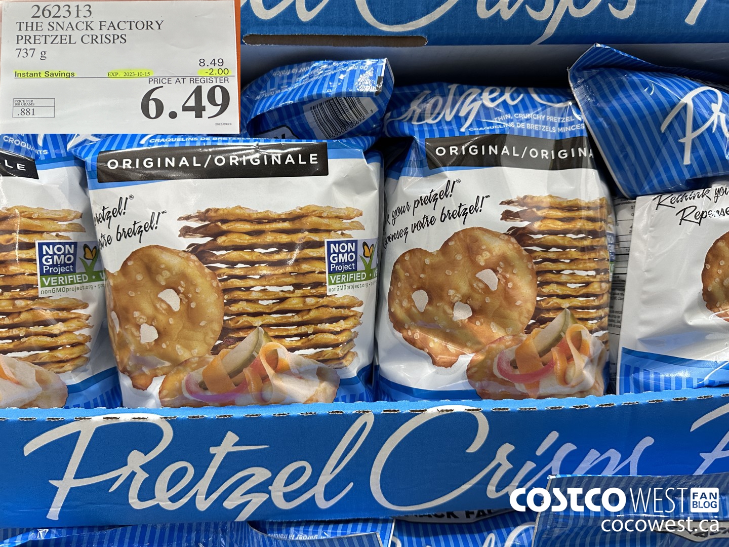 262313 THE SNACK FACTORY PRETZEL CRISPS 737 g ($2.00 INSTANT SAVINGS EXPIRES ON 2023-10-15) $6.49