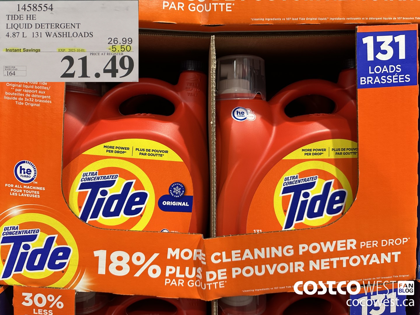 1458554 TIDE HE LIQUID DETERGENT 4.87 L 131 WASHLOADS ($5.50 INSTANT SAVINGS EXPIRES ON 2023-10-01) $21.49