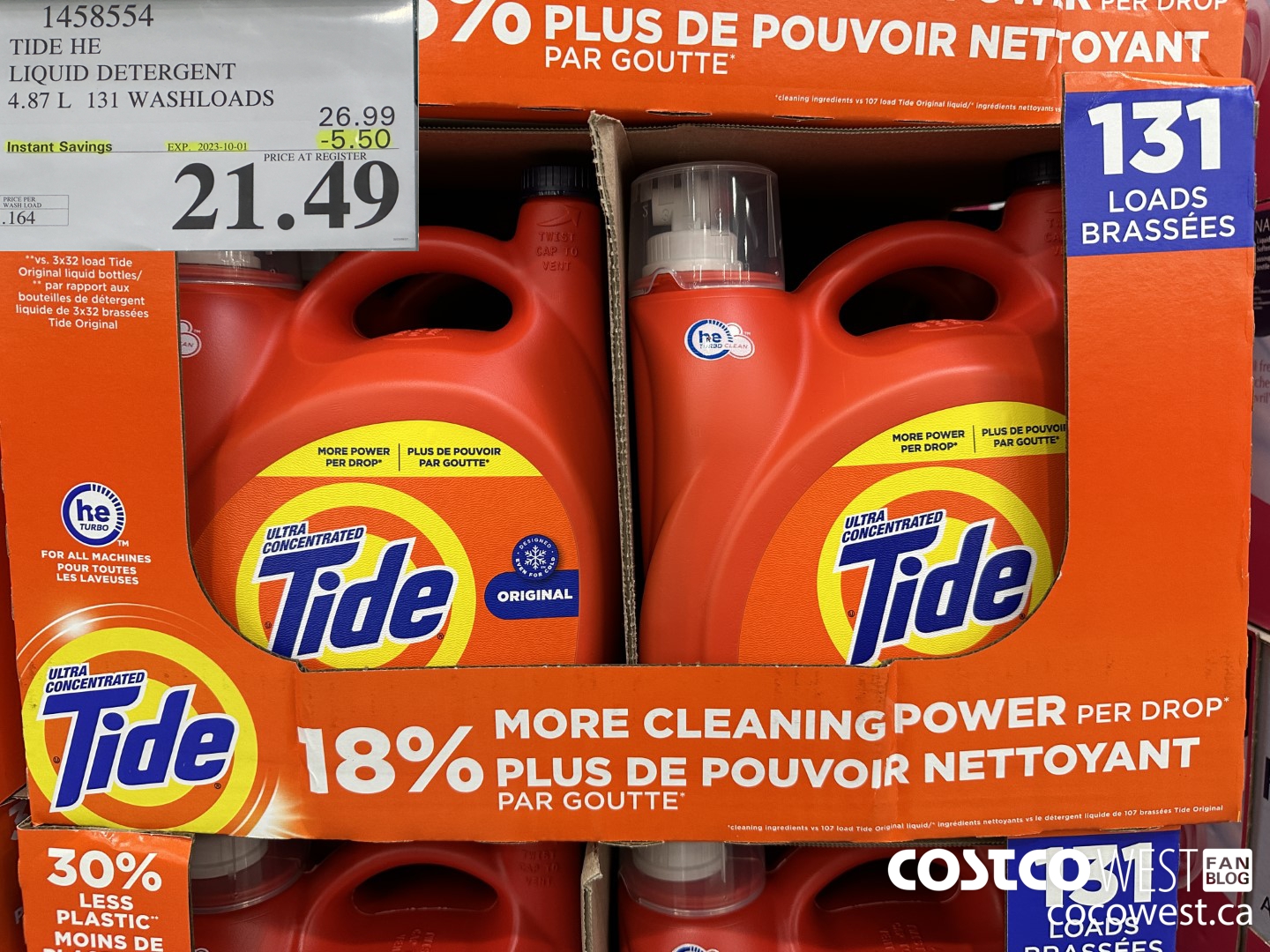 1458554 TIDE HE LIQUID DETERGENT 4.87 L 131 WASHLOADS ($5.50 INSTANT SAVINGS EXPIRES ON 2023-10-01) $21.49