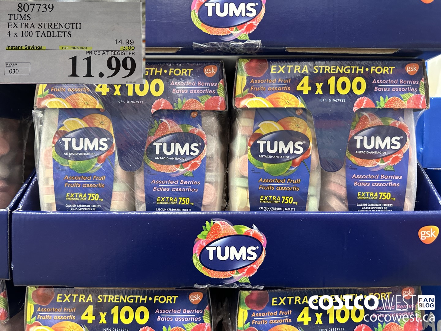 807739 TUMS EXTRA STRENGTH 4 X 100 TABLETS ($3.00 INSTANT SAVINGS EXPIRES ON 2023-10-01) $11.99