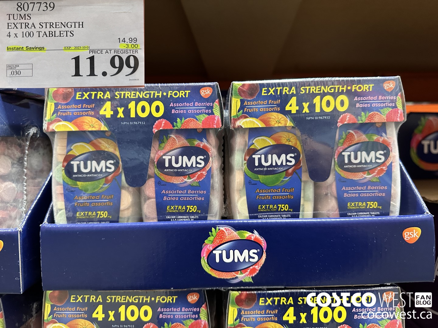 807739 TUMS EXTRA STRENGTH 4 X 100 TABLETS ($3.00 INSTANT SAVINGS EXPIRES ON 2023-10-01) $11.99