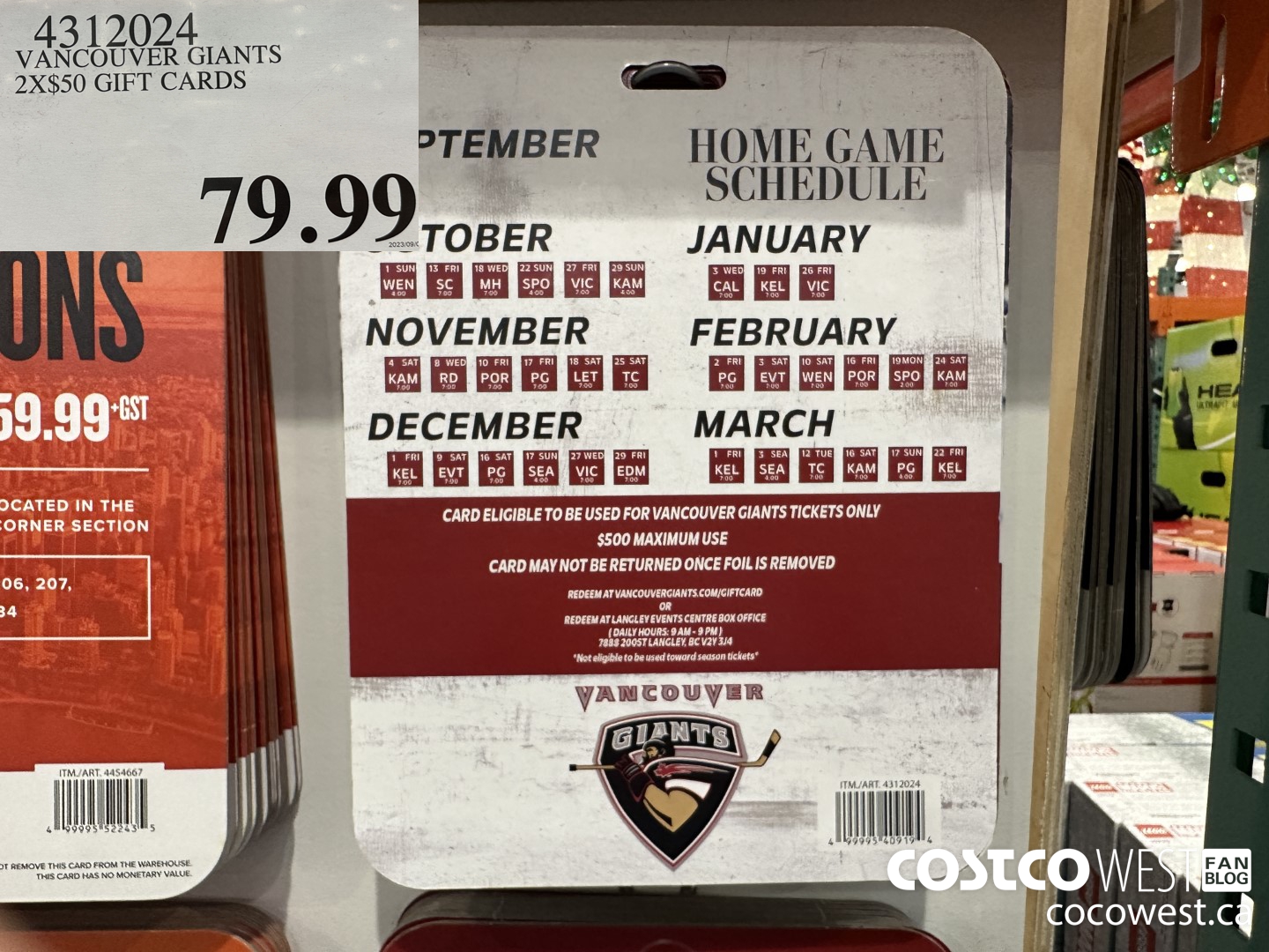 4312024 VANCOUVER GIANTS 2X$50 GIFT CARDS $79.99