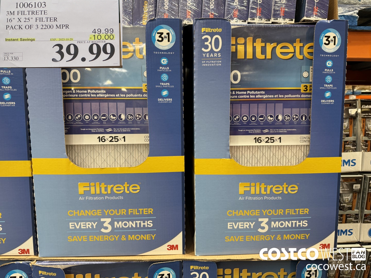 1006103 3M FILTRETE ELITE ALLERGEN 2200 16 X 25 3PK ($10.00 INSTANT SAVINGS EXPIRES ON 2023-10-29) $39.99