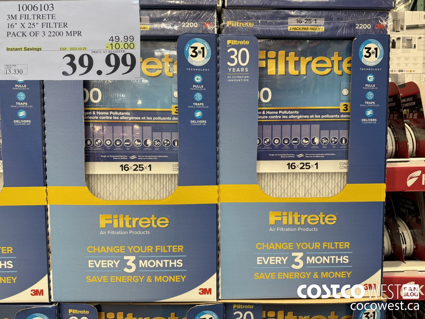 1006103 3M FILTRETE ELITE ALLERGEN 2200 16 X 25 3PK ($10.00 INSTANT SAVINGS EXPIRES ON 2023-10-29) $39.99