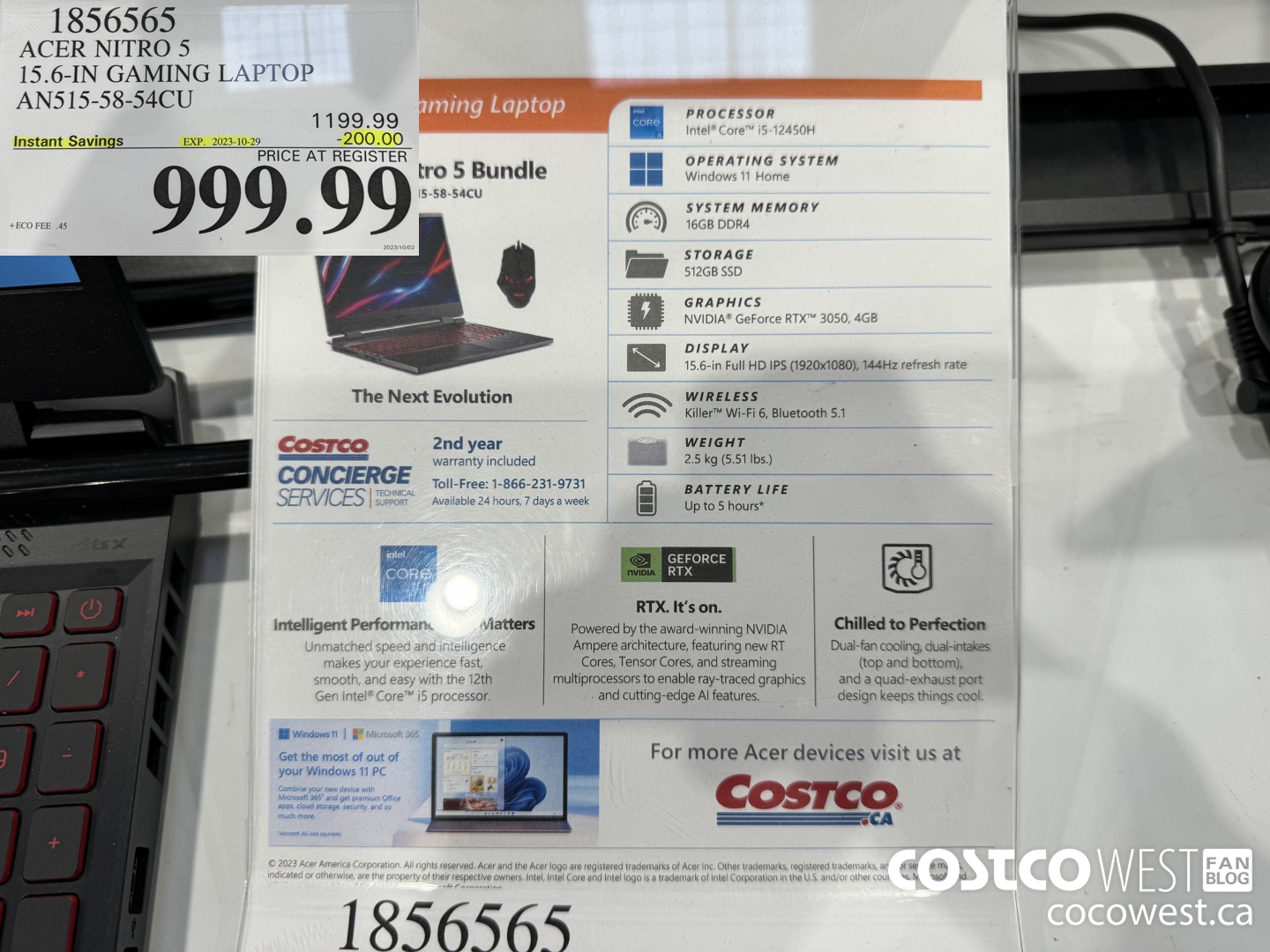 1856565 ACER NITRO 5 15.6-IN GAMING LAPTOP AN515-58-54CU ($200.00 INSTANT SAVINGS EXPIRES ON 2023-10-29) $999.99