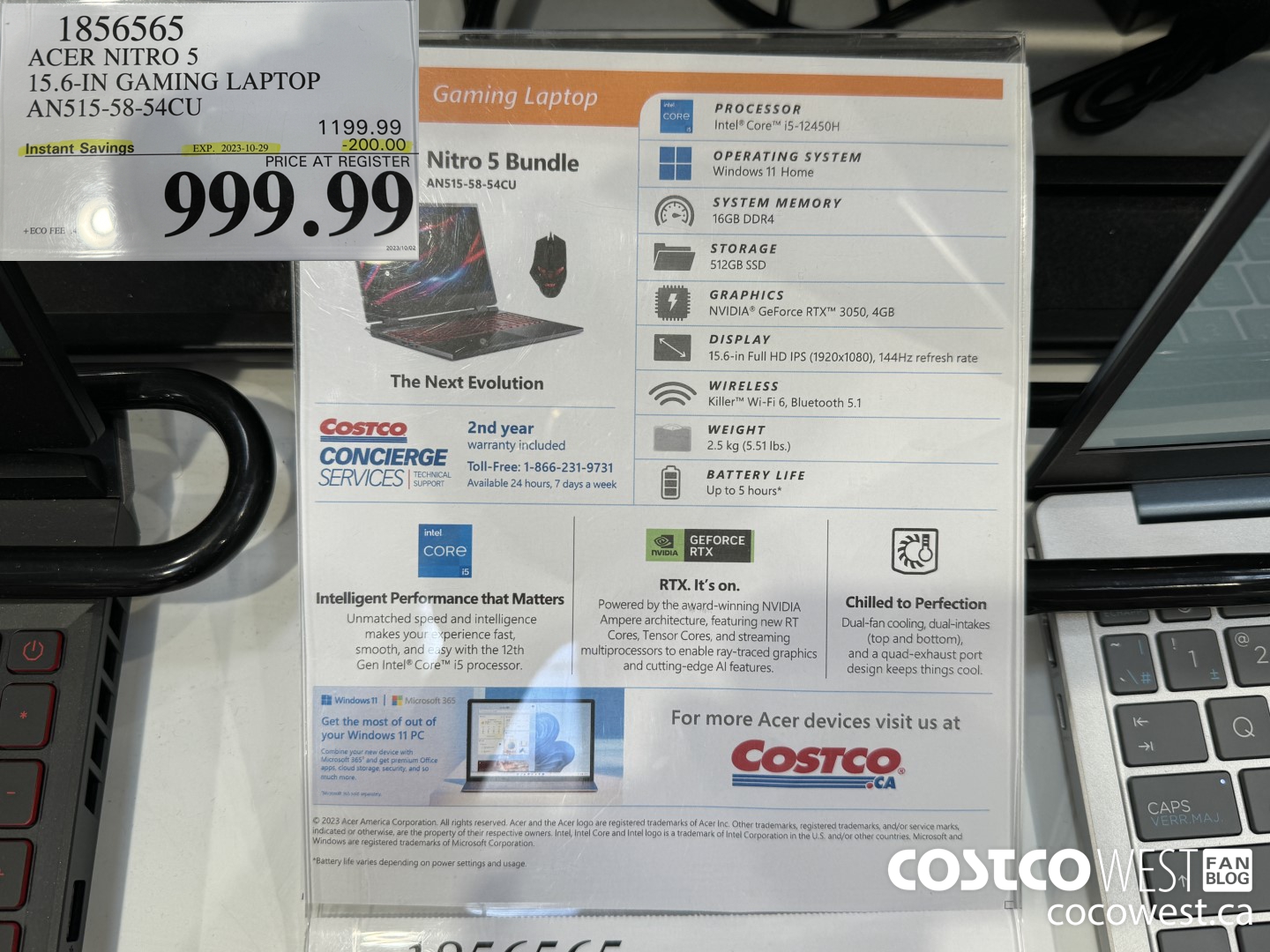 1856565 ACER NITRO 5 15.6-IN GAMING LAPTOP AN515-58-54CU ($200.00 INSTANT SAVINGS EXPIRES ON 2023-10-29) $999.99