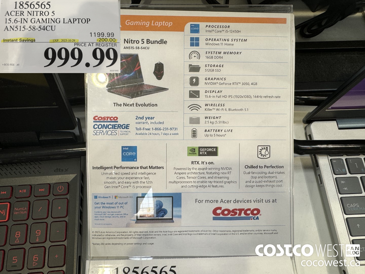 1856565 ACER NITRO 5 15.6-IN GAMING LAPTOP AN515-58-54CU ($200.00 INSTANT SAVINGS EXPIRES ON 2023-10-29) $999.99