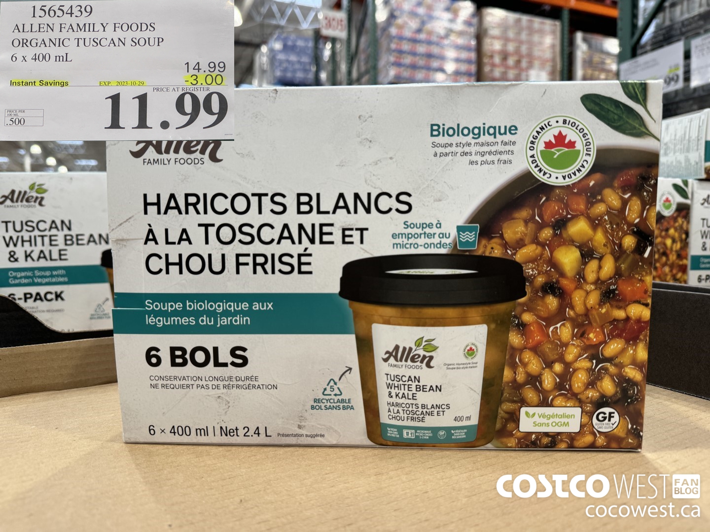 1565439 ALLEN FAMILY FOODS ORGANIC TUSCAN SOUP 6 x 400 mL ($3.00 INSTANT SAVINGS EXPIRES ON 2023-10-29) $11.99