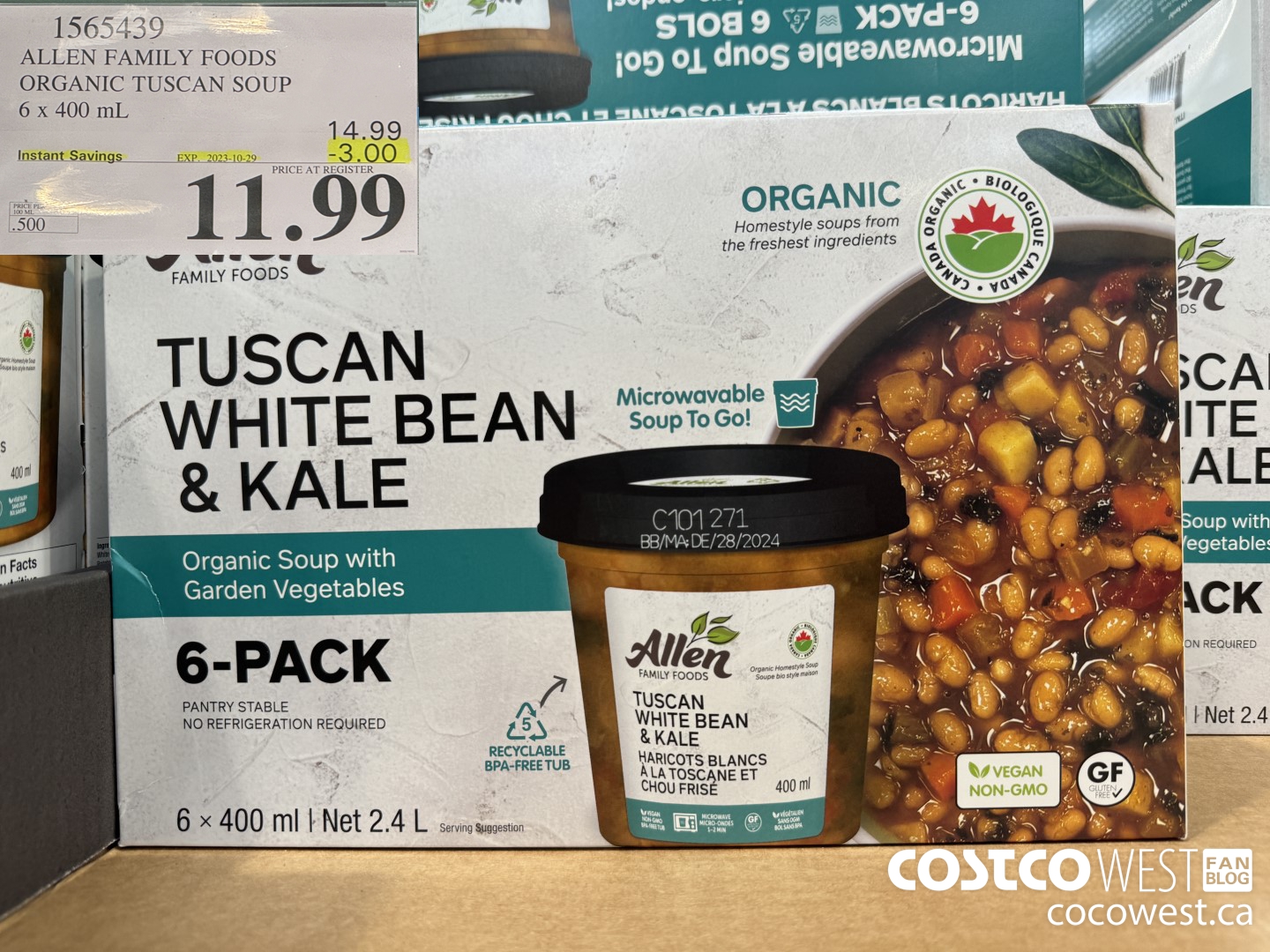 1565439 ALLEN FAMILY FOODS ORGANIC TUSCAN SOUP 6 x 400 mL ($3.00 INSTANT SAVINGS EXPIRES ON 2023-10-29) $11.99