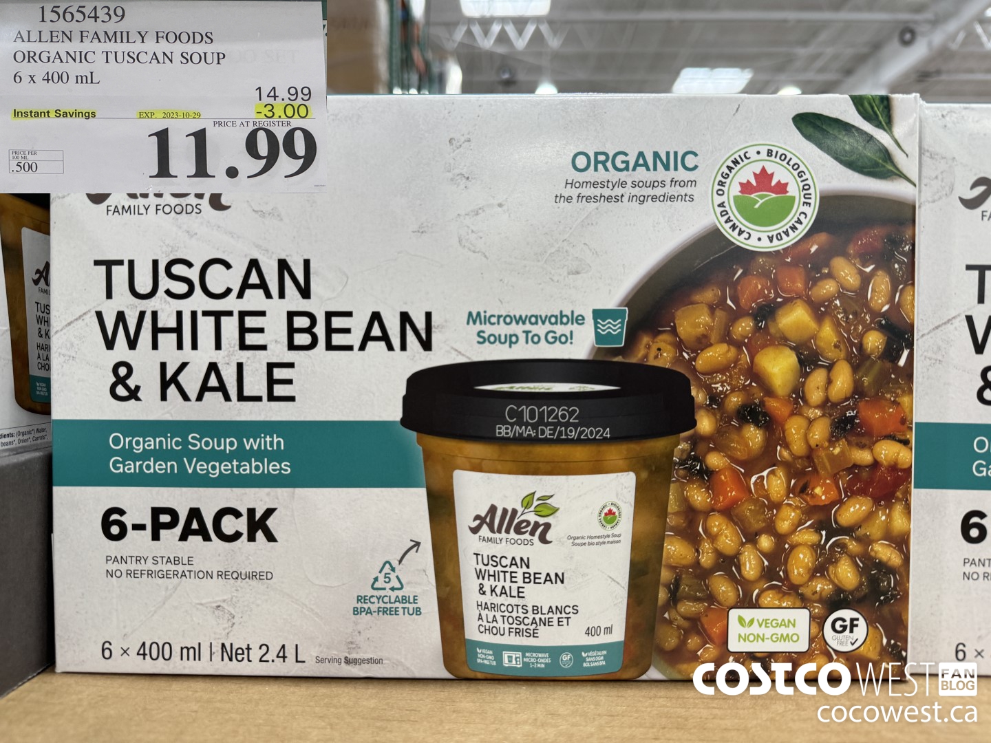 1565439 ALLEN FAMILY FOODS ORGANIC TUSCAN SOUP 6 x 400 mL ($3.00 INSTANT SAVINGS EXPIRES ON 2023-10-29) $11.99