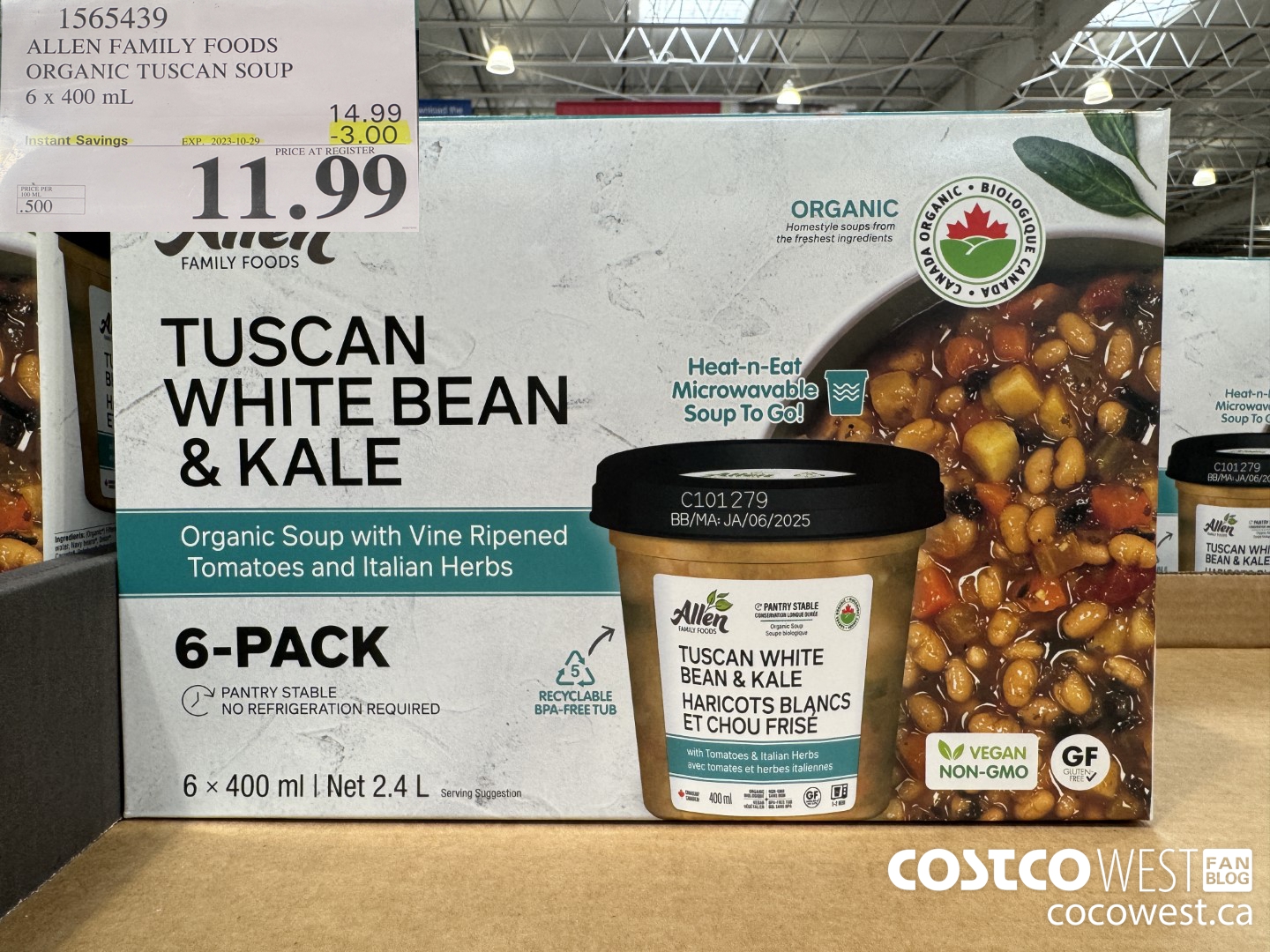 1565439 ALLEN FAMILY FOODS ORGANIC TUSCAN SOUP 6 x 400 mL ($3.00 INSTANT SAVINGS EXPIRES ON 2023-10-29) $11.99