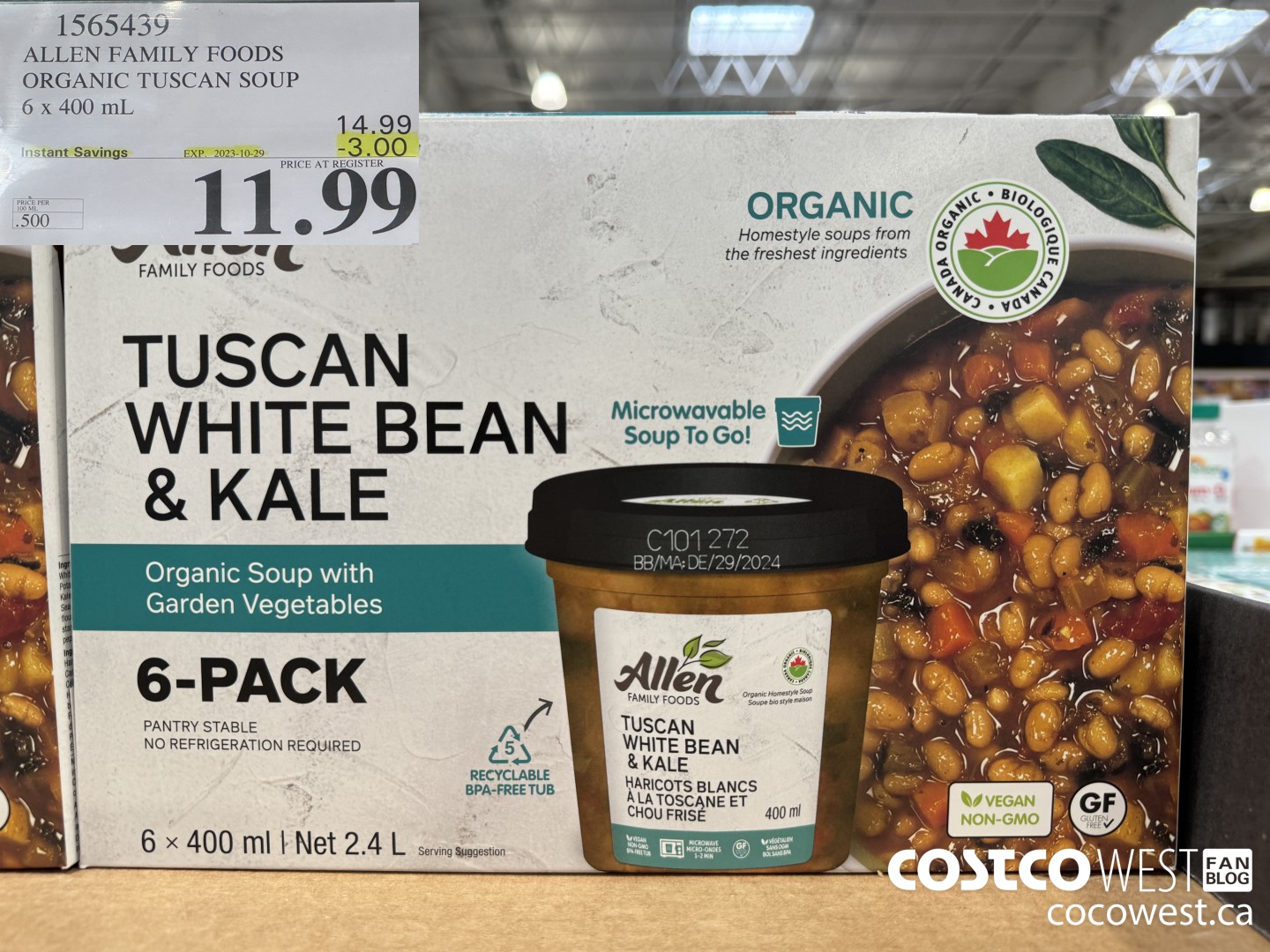 1565439 ALLEN FAMILY FOODS ORGANIC TUSCAN SOUP 6 x 400 mL ($3.00 INSTANT SAVINGS EXPIRES ON 2023-10-29) $11.99