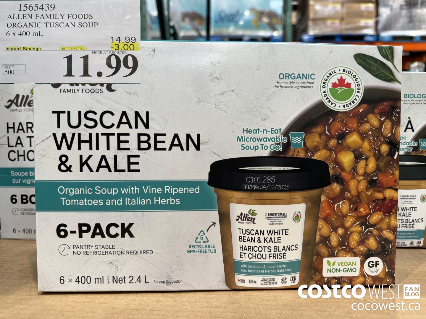 1565439 ALLEN FAMILY FOODS ORGANIC TUSCAN SOUP 6 x 400 mL ($3.00 INSTANT SAVINGS EXPIRES ON 2023-10-29) $11.99