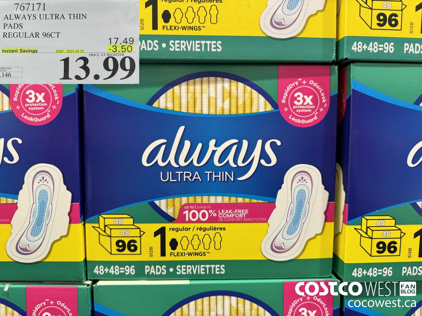 767171 ALWAYS ULTRA THIN PADS REGULAR 96CT ($3.50 INSTANT SAVINGS EXPIRES ON 2023-10-15) $13.99