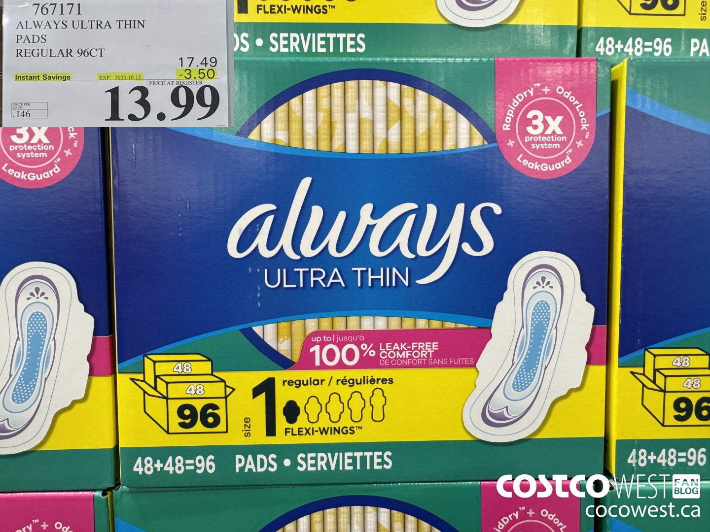 767171 ALWAYS ULTRA THIN PADS REGULAR 96CT ($3.50 INSTANT SAVINGS EXPIRES ON 2023-10-15) $13.99