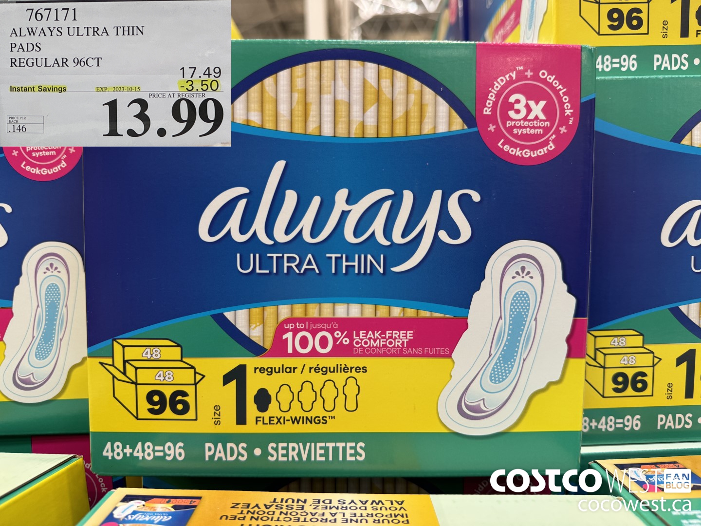 767171 ALWAYS ULTRA THIN PADS REGULAR 96CT ($3.50 INSTANT SAVINGS EXPIRES ON 2023-10-15) $13.99