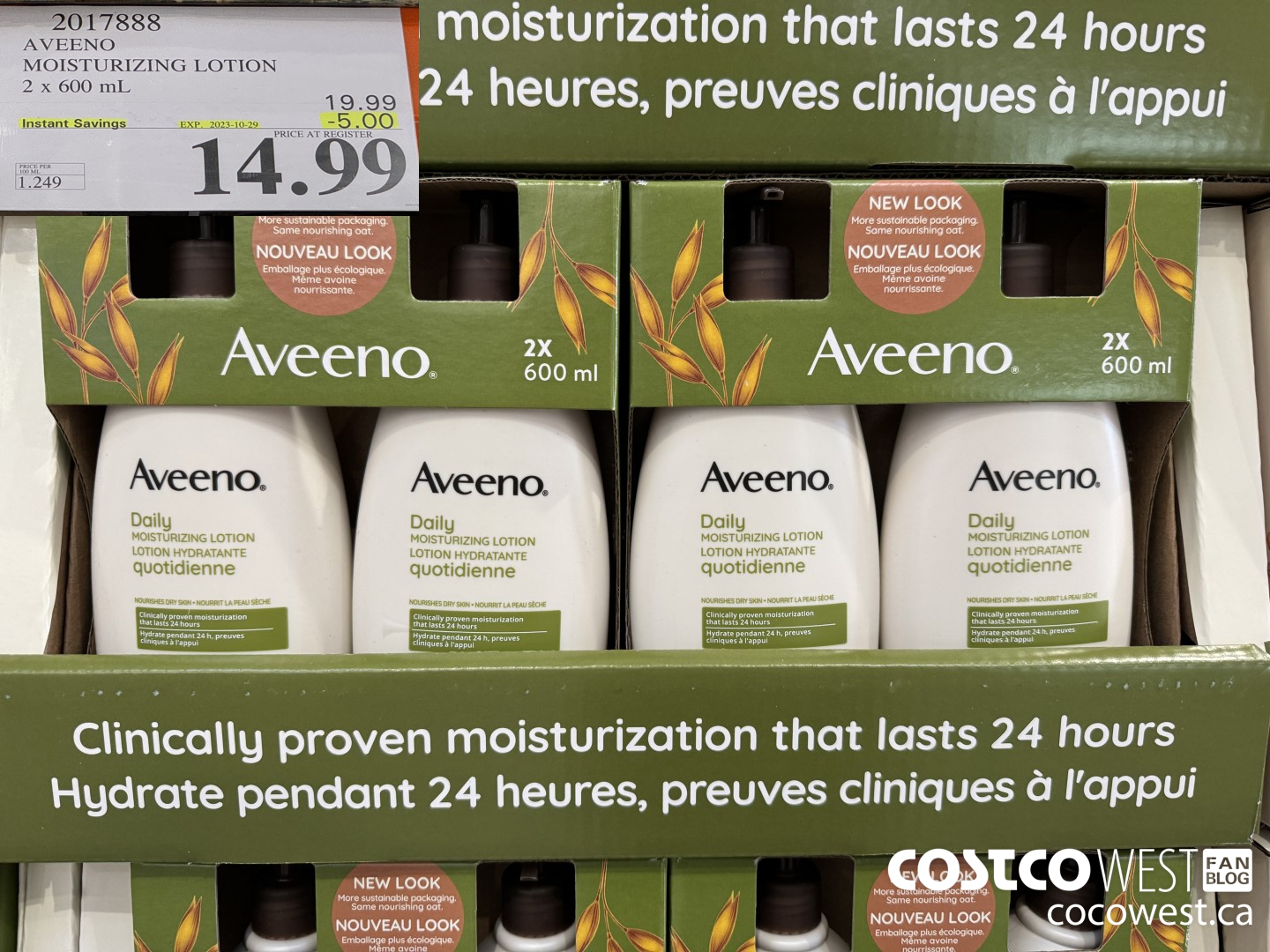 2017888 AVEENO MOISTURIZING LOTION 2 x 600 mL ($5.00 INSTANT SAVINGS EXPIRES ON 2023-10-29) $14.99