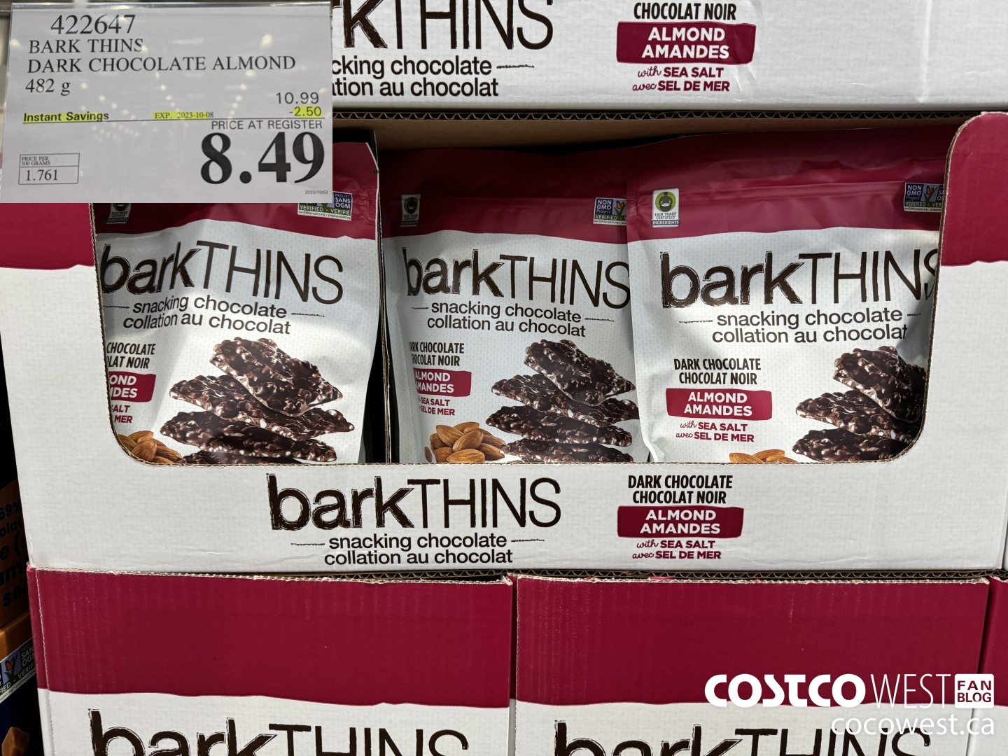 422647 BARK THINS DARK CHOCOLATE ALMOND 482 g ($2.50 INSTANT SAVINGS EXPIRES ON 2023-10-08) $8.49