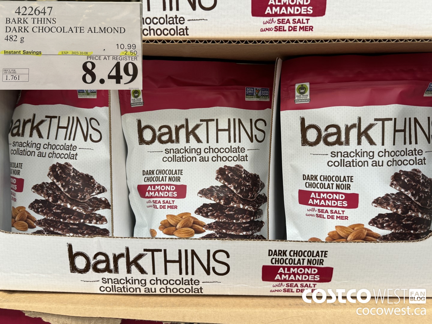 422647 BARK THINS DARK CHOCOLATE ALMOND 482 g ($2.50 INSTANT SAVINGS EXPIRES ON 2023-10-08) $8.49