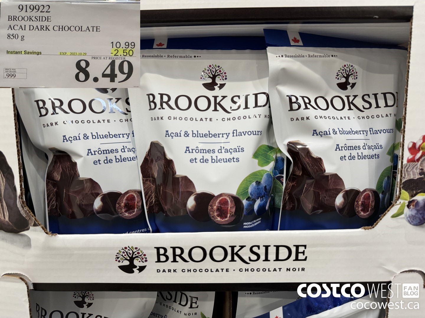 919922 BROOKSIDE ACAI DARK CHOCOLATE 850 g ($2.50 INSTANT SAVINGS EXPIRES ON 2023-10-29) $8.49