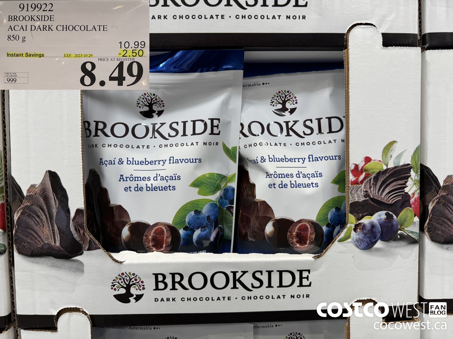 919922 BROOKSIDE ACAI DARK CHOCOLATE 850 g ($2.50 INSTANT SAVINGS EXPIRES ON 2023-10-29) $8.49