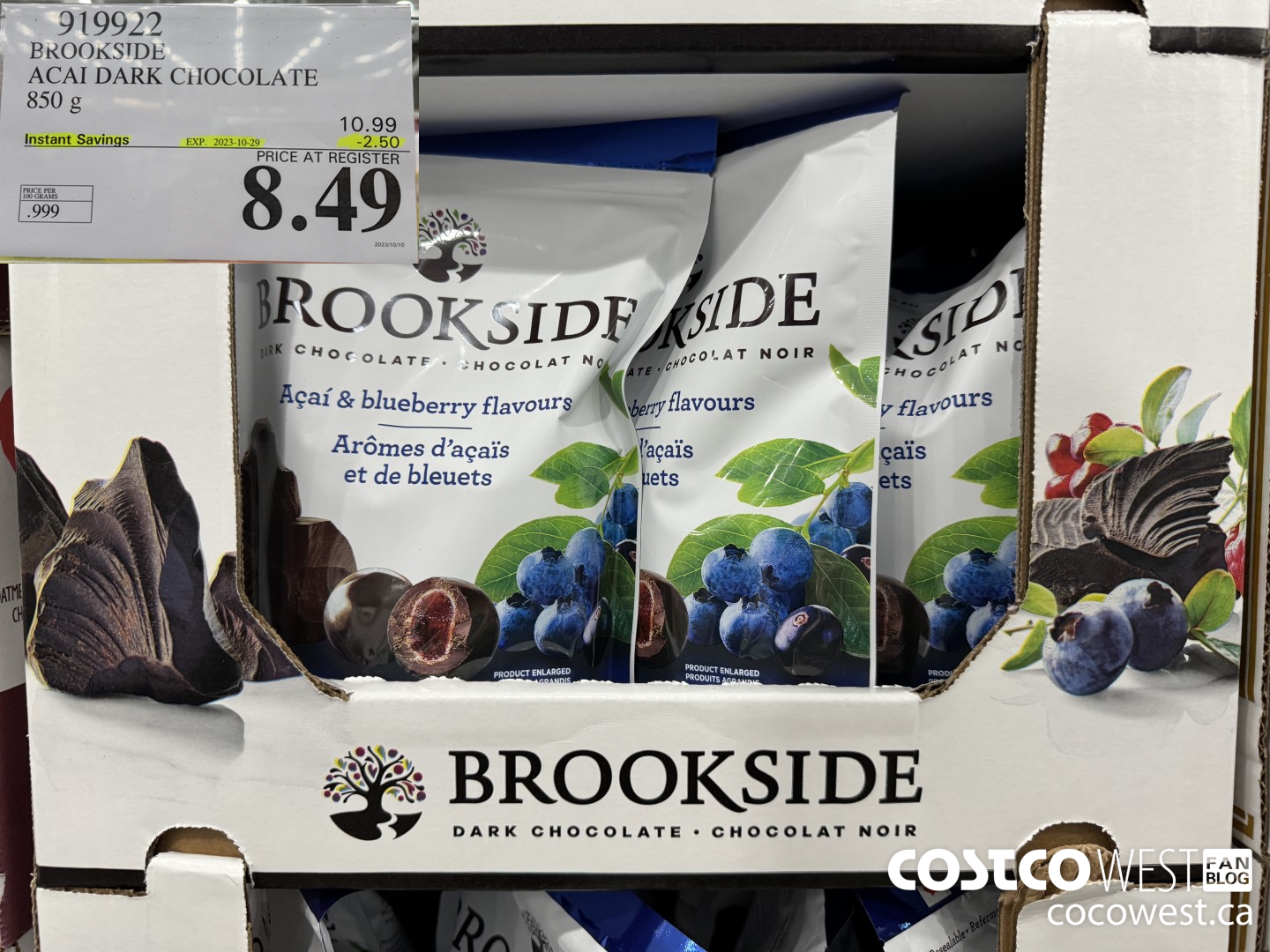 919922 BROOKSIDE ACAI DARK CHOCOLATE 850 g ($2.50 INSTANT SAVINGS EXPIRES ON 2023-10-29) $8.49