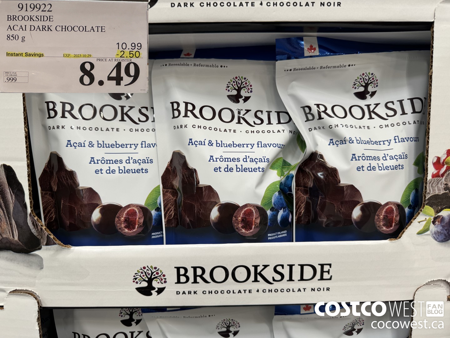 919922 BROOKSIDE ACAI DARK CHOCOLATE 850 g ($2.50 INSTANT SAVINGS EXPIRES ON 2023-10-29) $8.49