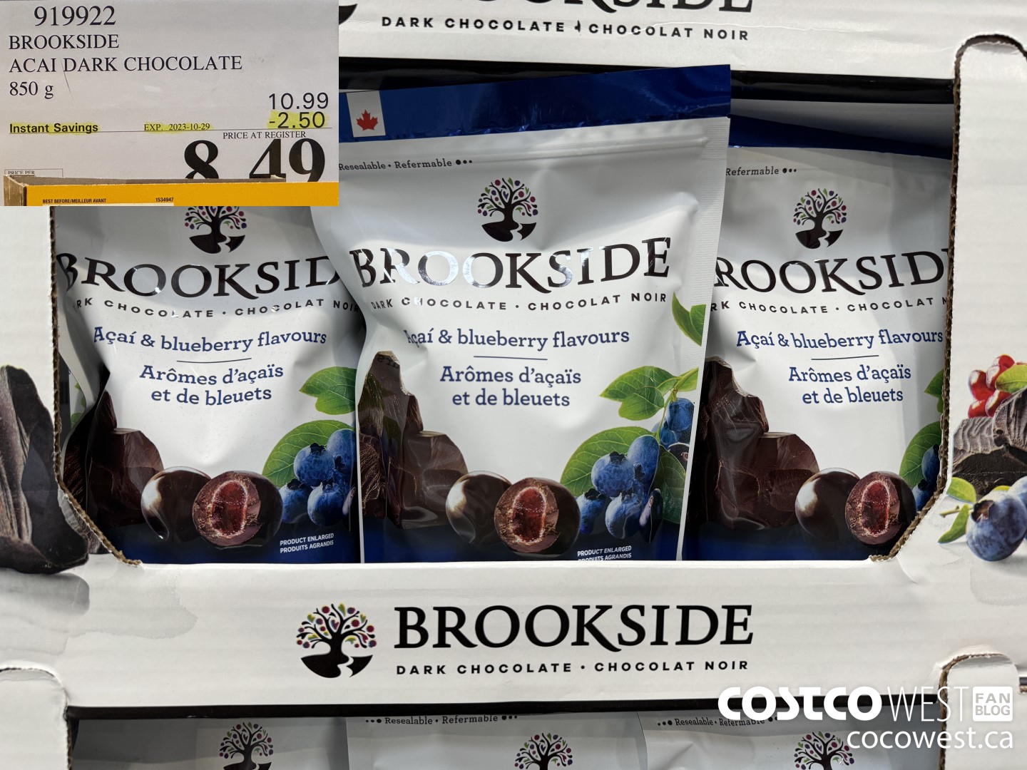 919922 BROOKSIDE ACAI DARK CHOCOLATE 850 g ($2.50 INSTANT SAVINGS EXPIRES ON 2023-10-29) $8.49