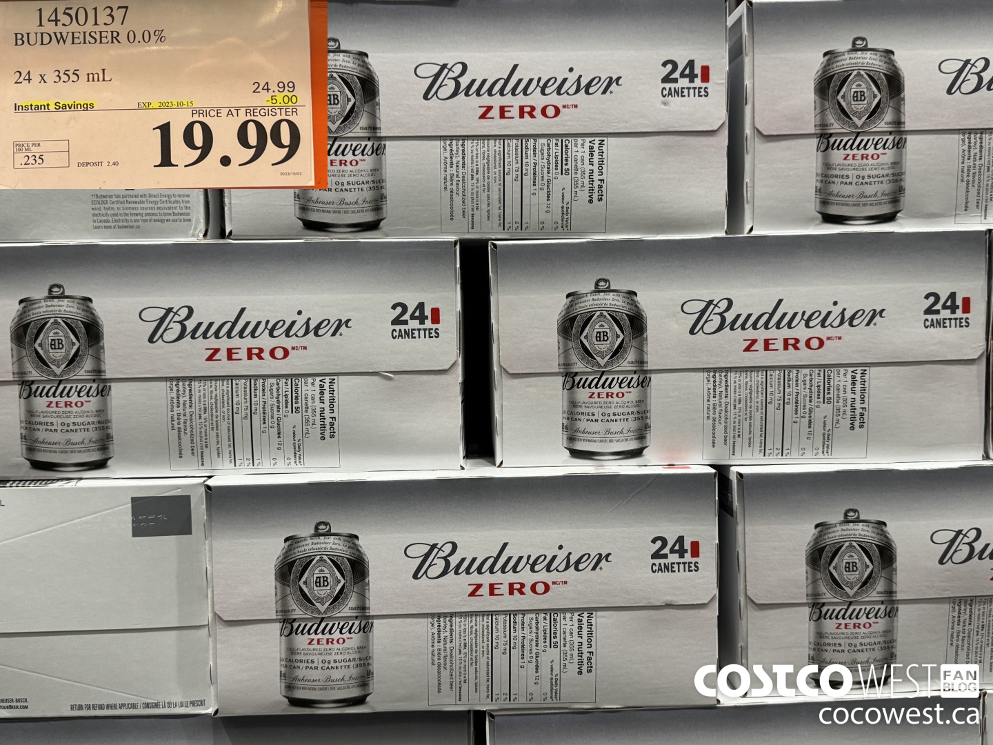 1450137 BUDWEISER 0.0% 24 x 355 mL ($5.00 INSTANT SAVINGS EXPIRES ON 2023-10-15) $19.99