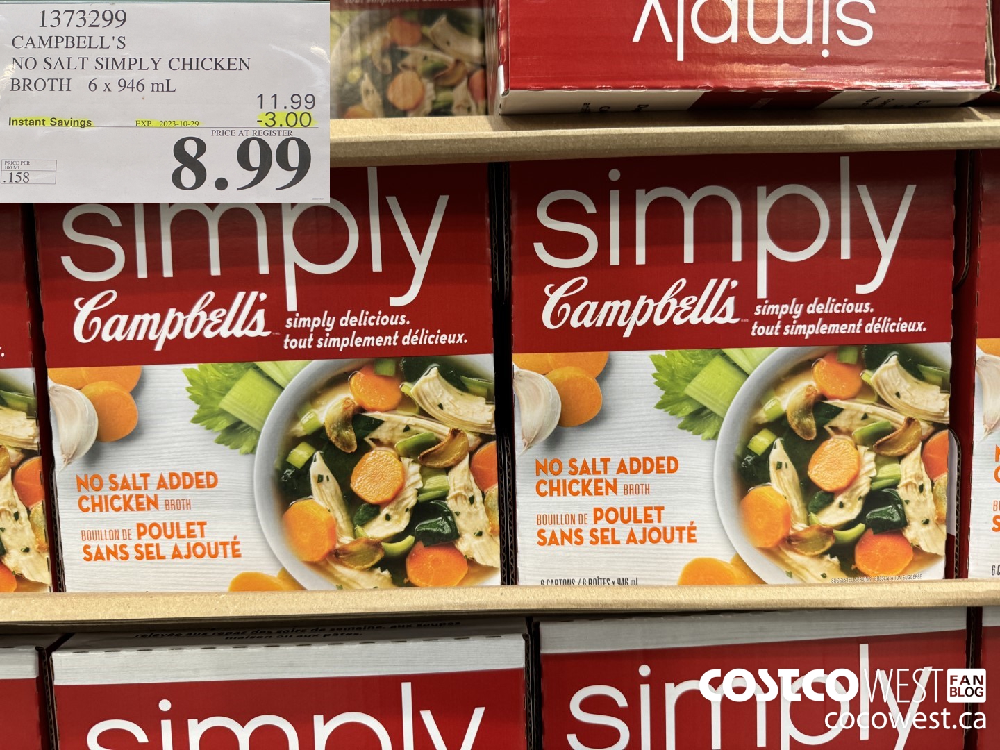 1373299 CAMPBELL'S NO SALT SIMPLY CHICKEN BROTH 6 x 946 mL ($3.00 INSTANT SAVINGS EXPIRES ON 2023-10-29) $8.99