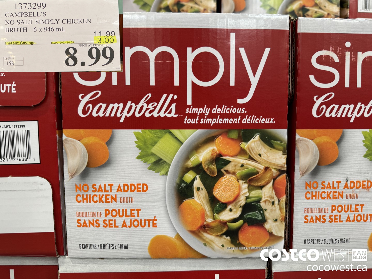 1373299 CAMPBELL'S NO SALT SIMPLY CHICKEN BROTH 6 x 946 mL ($3.00 INSTANT SAVINGS EXPIRES ON 2023-10-29) $8.99