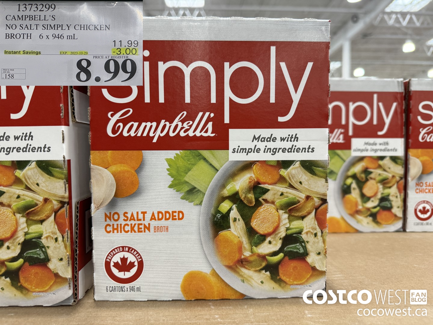 1373299 CAMPBELL'S NO SALT SIMPLY CHICKEN BROTH 6 x 946 mL ($3.00 INSTANT SAVINGS EXPIRES ON 2023-10-29) $8.99