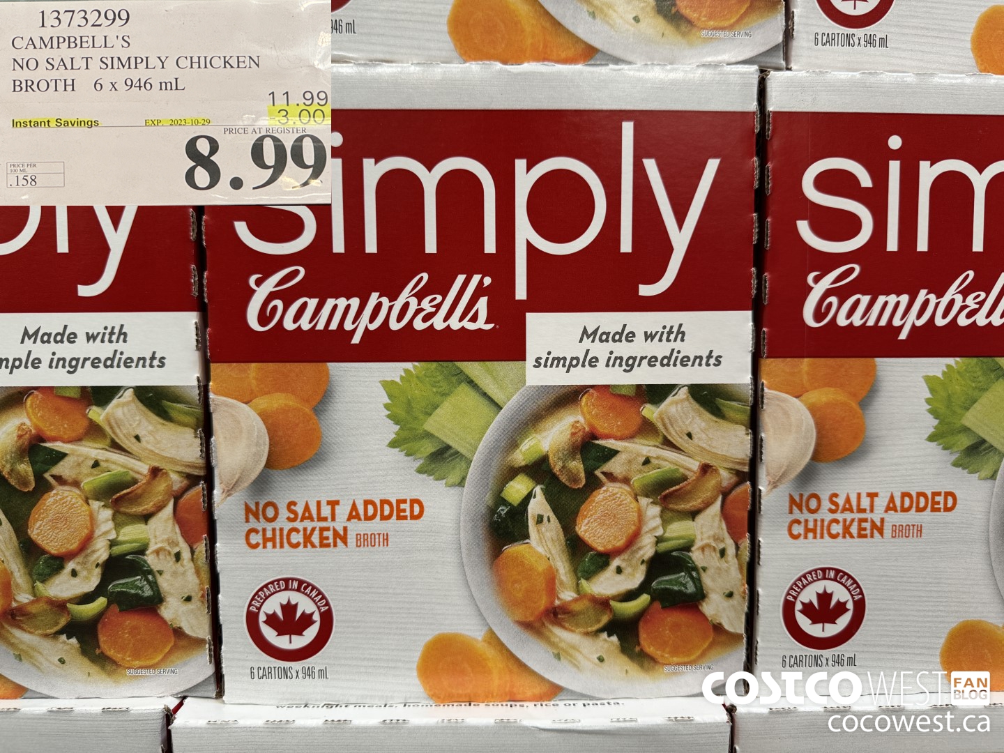 1373299 CAMPBELL'S NO SALT SIMPLY CHICKEN BROTH 6 x 946 mL ($3.00 INSTANT SAVINGS EXPIRES ON 2023-10-29) $8.99