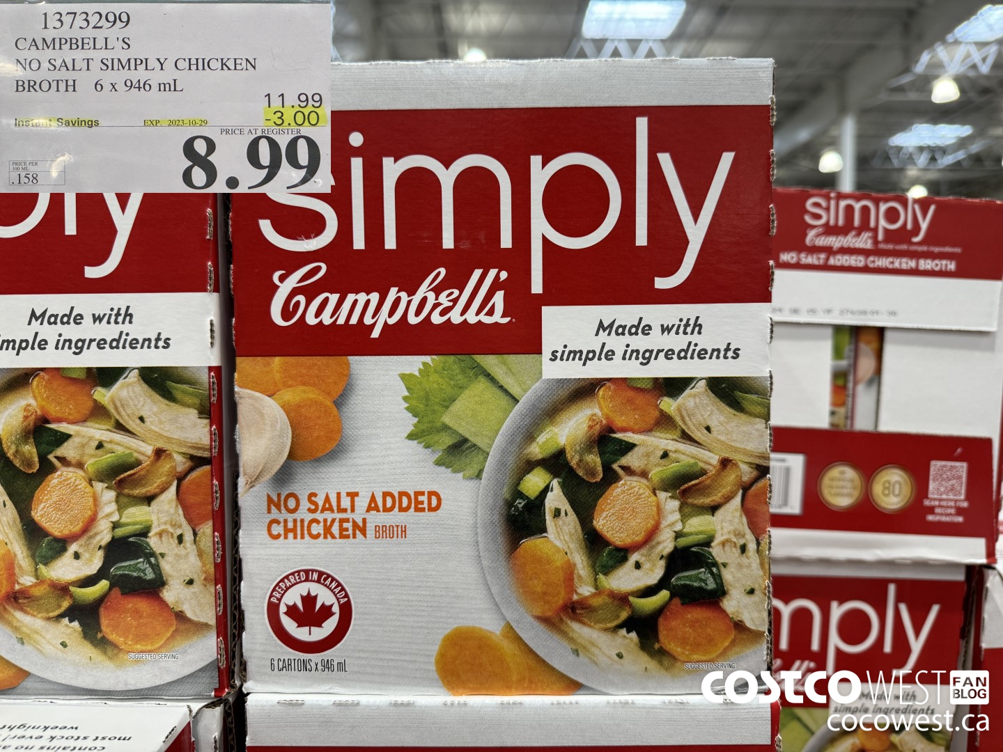 1373299 CAMPBELL'S NO SALT SIMPLY CHICKEN BROTH 6 x 946 mL ($3.00 INSTANT SAVINGS EXPIRES ON 2023-10-29) $8.99